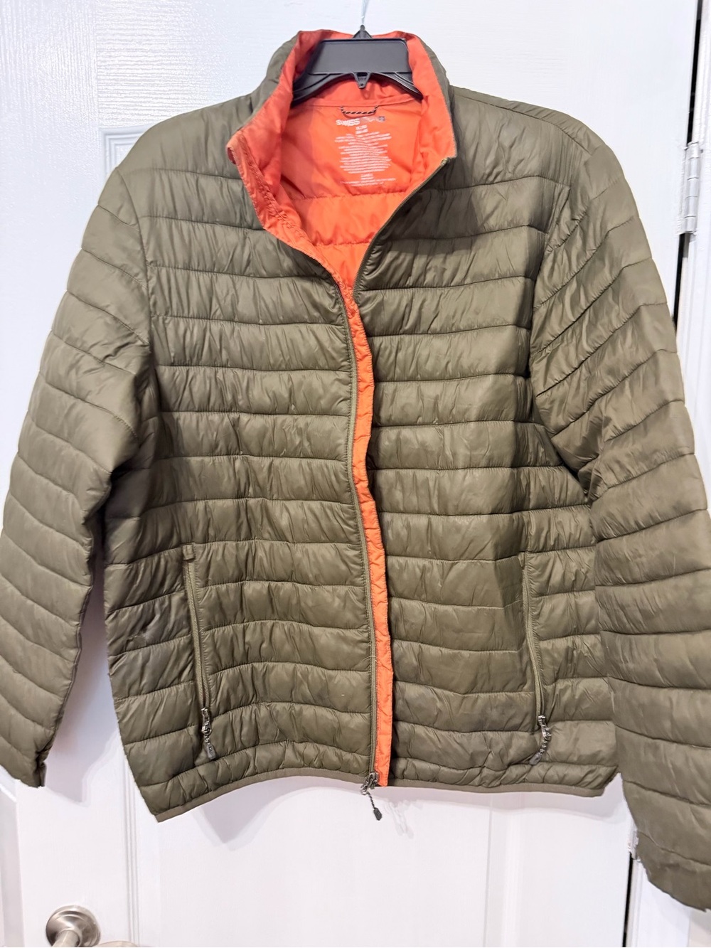 Swiss Tech Olive Green Puffer Jacket with Orange Lining